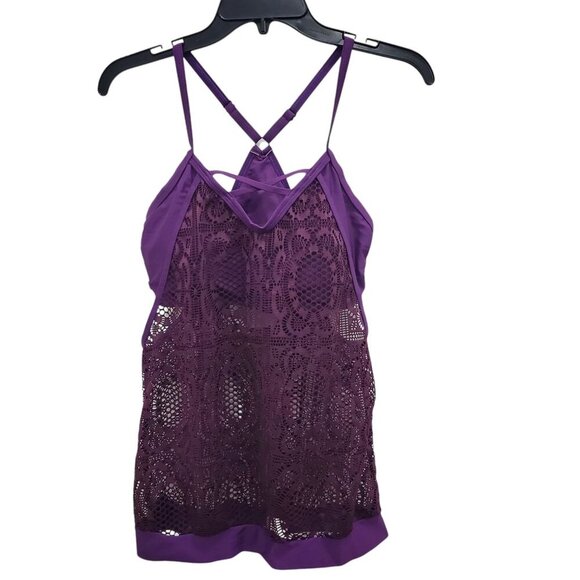 AnnJo Women Purple Plum Crochet Doily Lace Overlay 2-Fer Tankini Swim Tank M - Picture 1 of 7